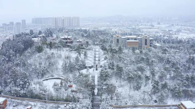 航拍郑和公园雪景