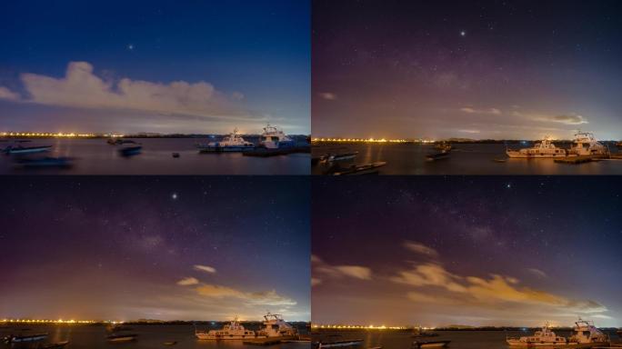 广西钦州茅尾海港口码头银河星空延时摄影