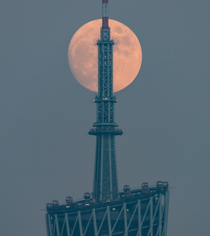 延时视频完整记录月亮升起穿过广州塔的过程