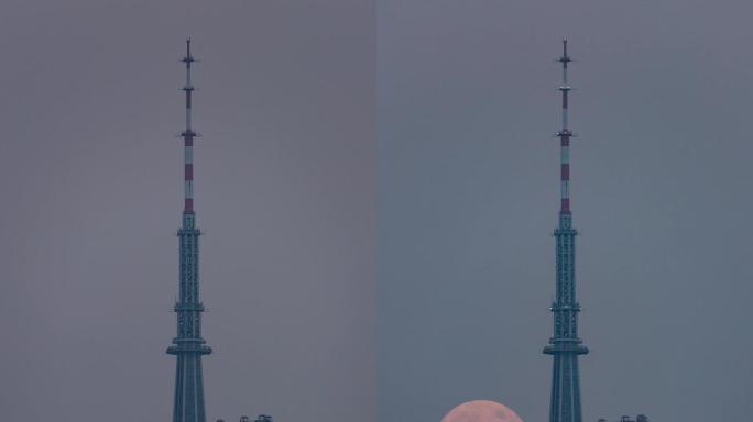 延时视频完整记录月亮升起穿过广州塔的过程