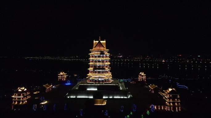 4K素材：航拍宁夏青铜峡黄河楼夜景