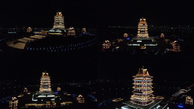 4K素材：航拍宁夏青铜峡黄河楼夜景