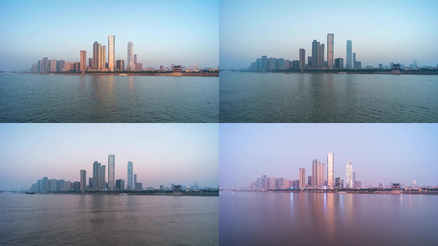 湖南长沙地标建筑群城市夜景天际线日转夜