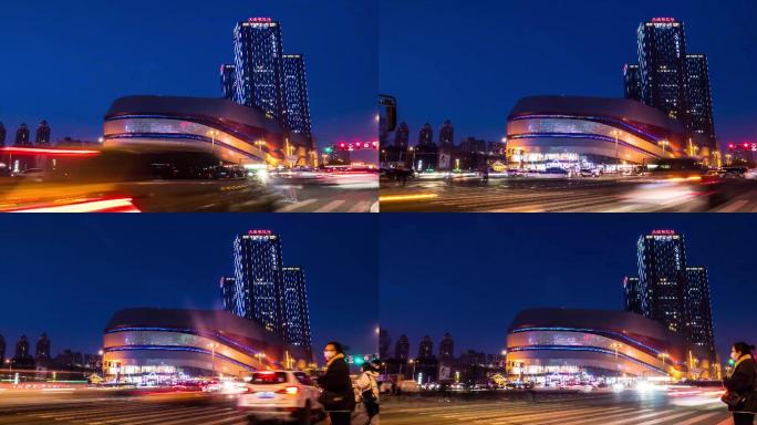 哈尔滨西城红场夜景延时车流人流城市夜景