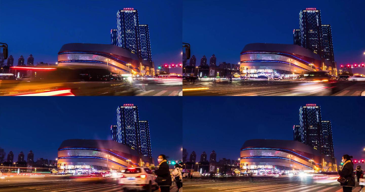 哈尔滨西城红场夜景延时车流人流城市夜景