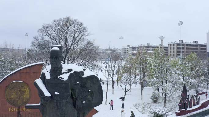 郑和文化广场雪景航拍
