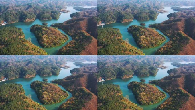 陕西汉中南沙湖湖心岛升高航拍4K