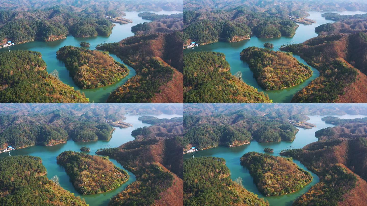 陕西汉中南沙湖湖心岛升高航拍4K