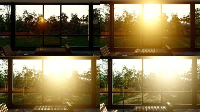 落地窗看窗外日出