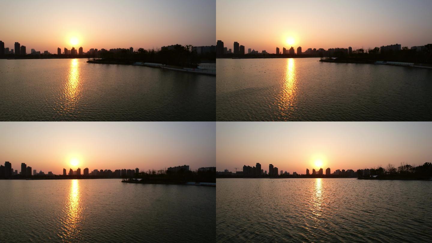 4k航拍 黄昏的湖面，夕阳撒在涟漪上