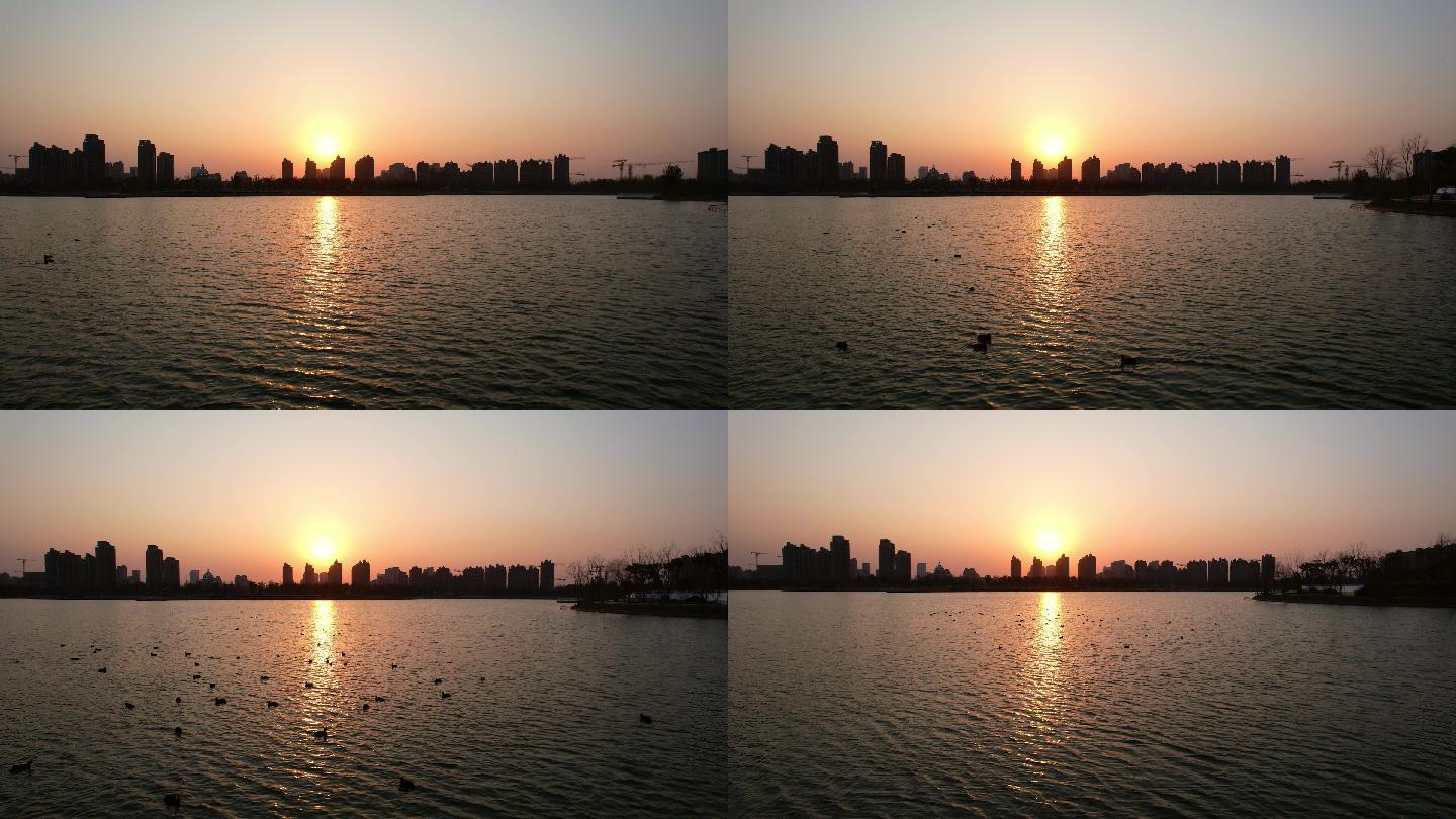 4k航拍 黄昏的湖面，小鸭子游动