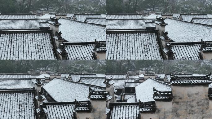 江南古建筑冬天白雪下雪马头墙航拍千柱屋