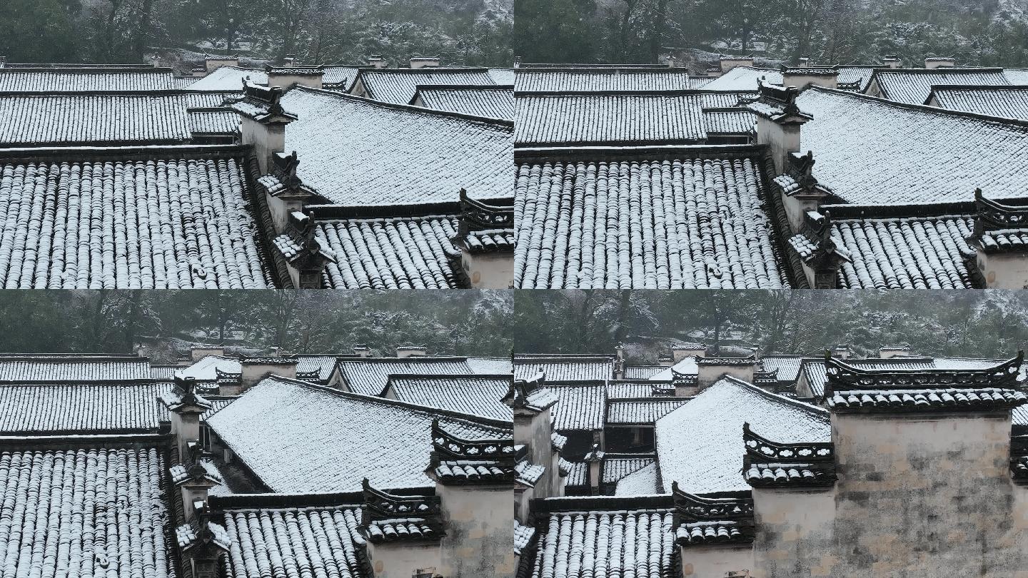 江南古建筑冬天白雪下雪马头墙航拍千柱屋