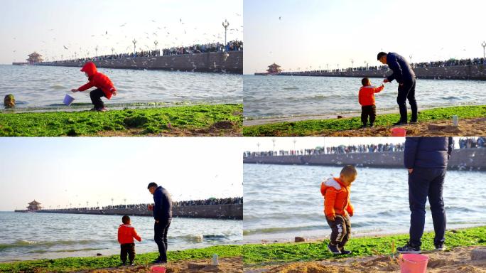 4K小朋友在海边玩耍-父子童年成长