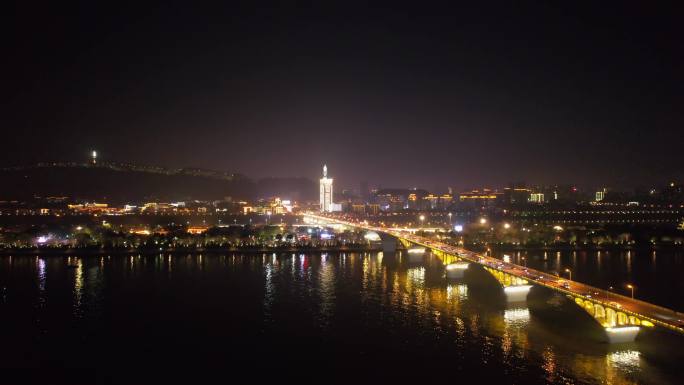 鸟瞰长沙橘子洲大桥夜景