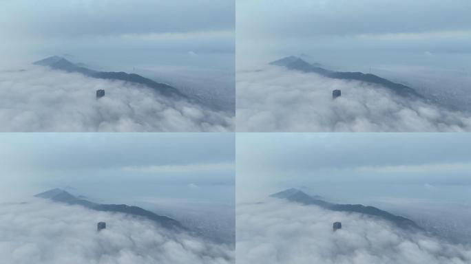 航拍浙江绍兴诸暨城区云海高楼屋顶老鹰山