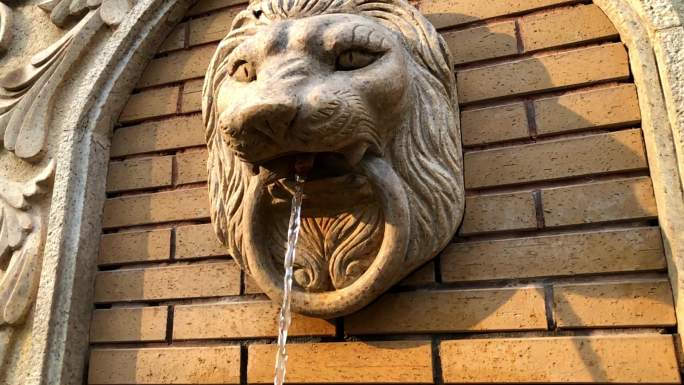 欧式狮子头雕塑喷泉慢动作拍摄