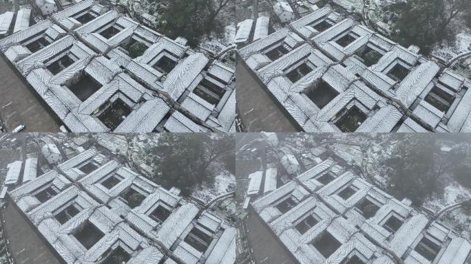 江南明清古建筑千柱屋冬天白墙黑瓦白雪航拍