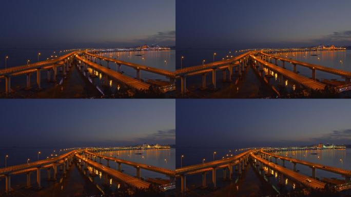 大连地标建筑星海湾跨海大桥傍晚夜景车流