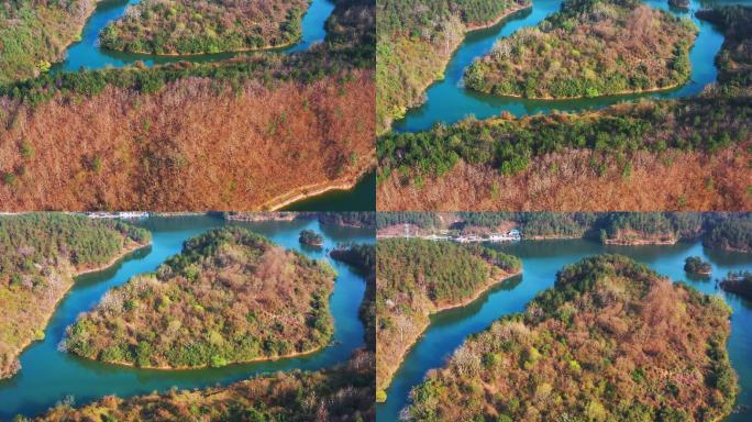 陕西汉中南沙湖湖心岛升高航拍4K