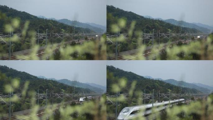 浙江高铁火车动车行驶在春天山区鲜花
