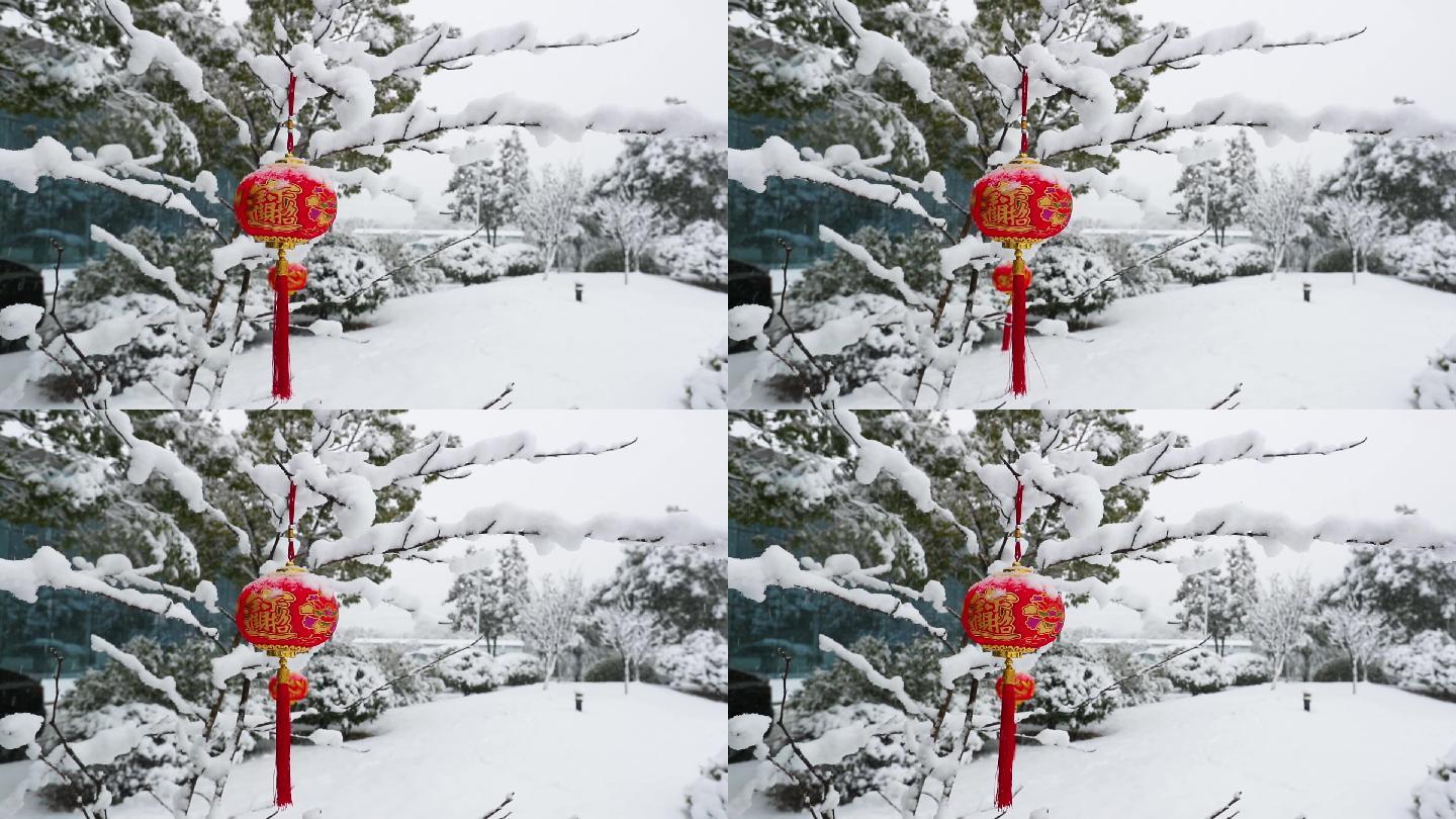 大雪纷飞，大红灯笼高高挂