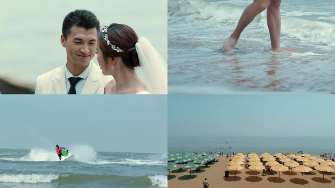 4K_ 海边沙滩游客摩托艇休闲婚纱照