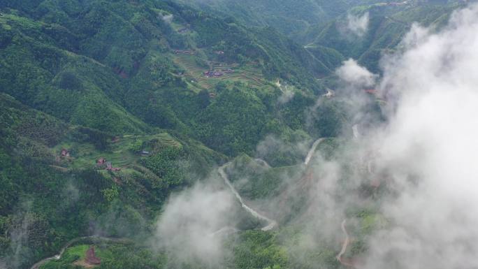 航拍山区村庄云海原始生态实拍山路蜿蜒合集