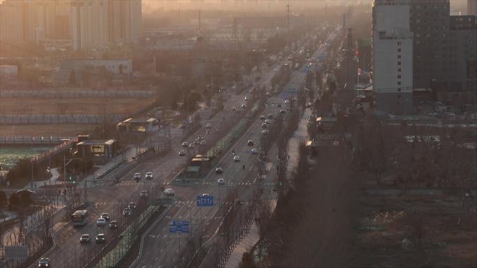 4K北京通州冬日夕阳城市高楼街头路口景色