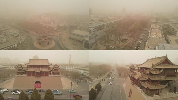 4K素材：航拍沙尘暴中的城市