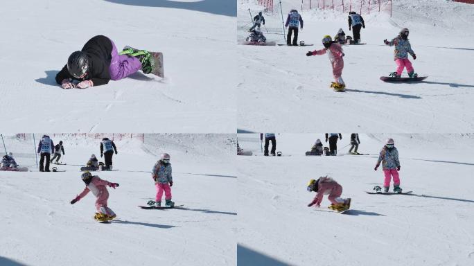 女孩滑雪滑倒镜头新人滑雪摔倒学习滑雪