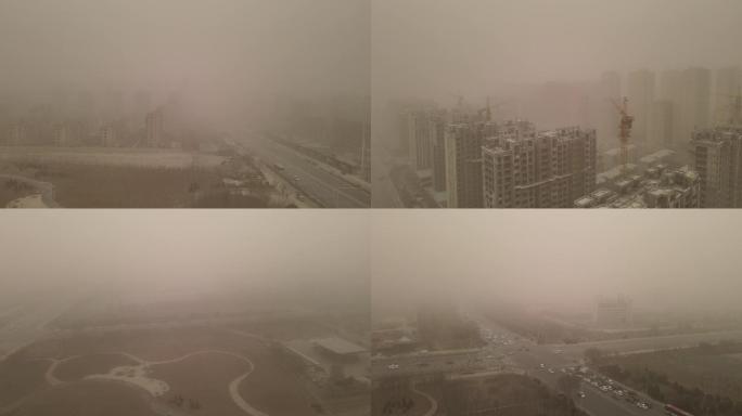 4K素材：航拍沙尘暴中的城市