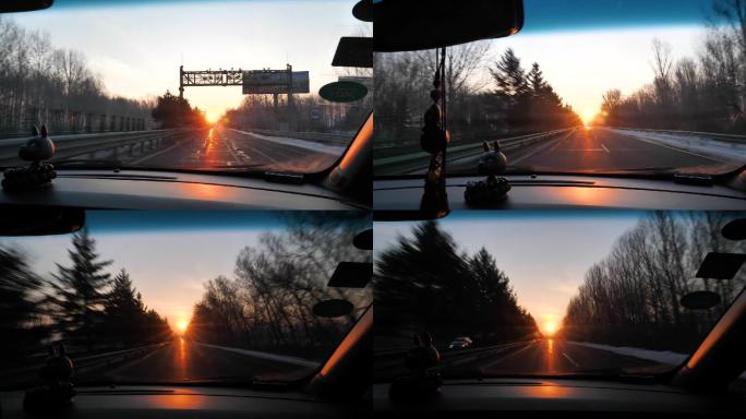 朝阳升起日出开车高速迎着太阳升起车辆行驶