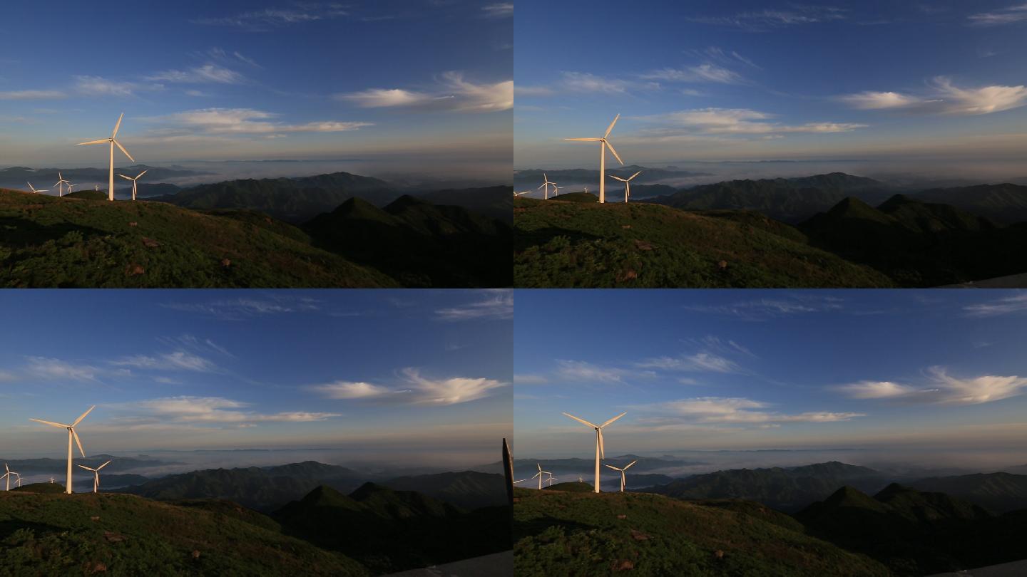浙江高山早晨云海日出新能源风力发电风车