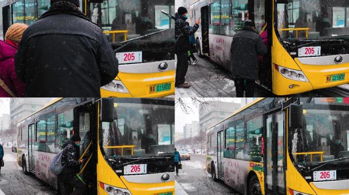 老年人下大雪老人上公交车暴雪出行