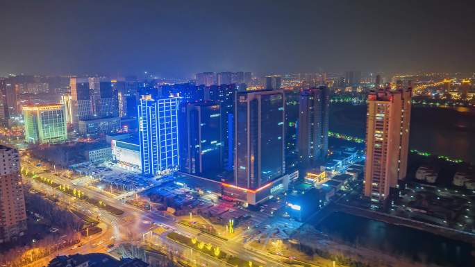 滨州市滨城区航拍城市延时摄影夜景