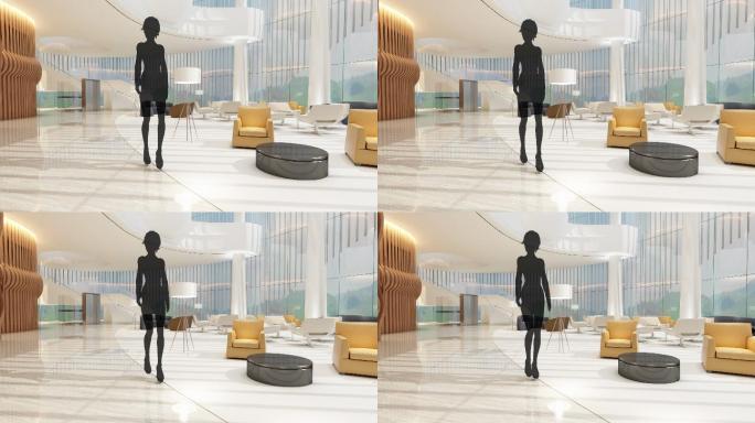 豪华酒店大堂女子身影3d动画