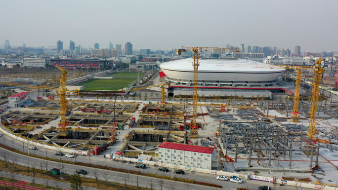 上海浦东足球场建设航拍素材4K