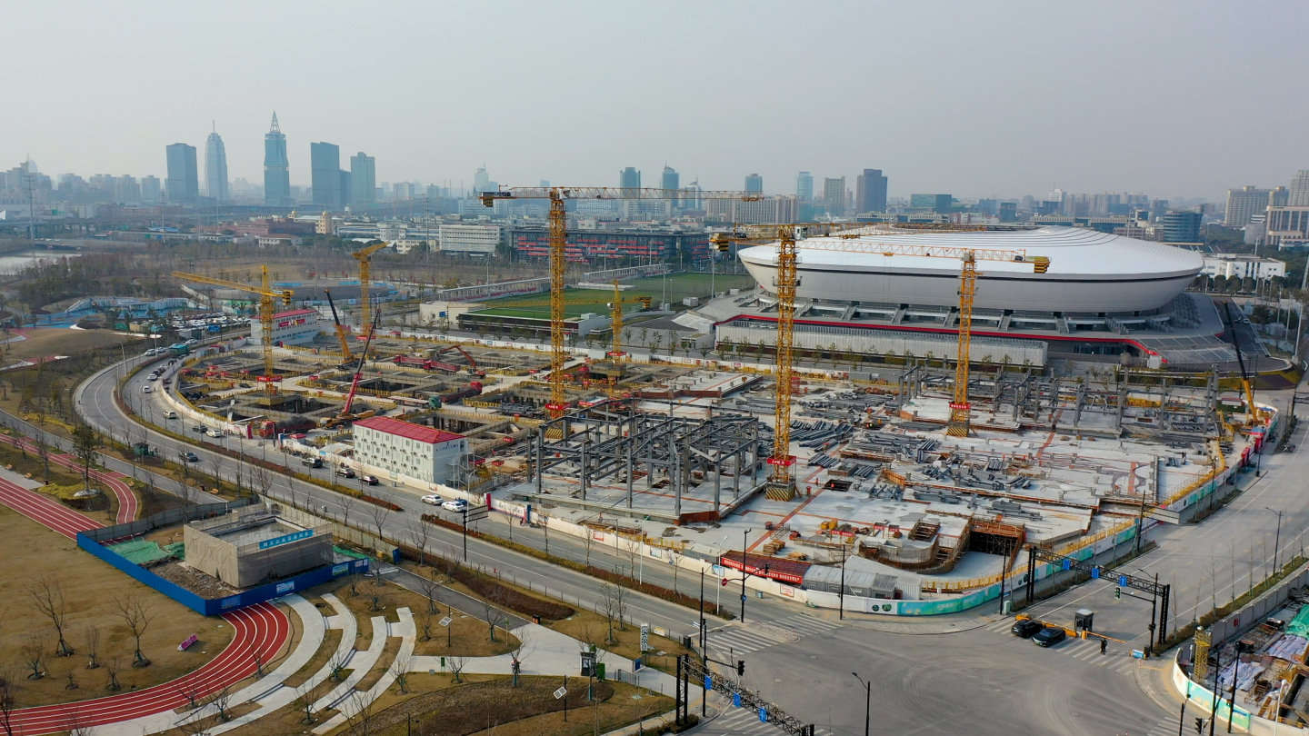 上海浦东足球场建设航拍素材4K