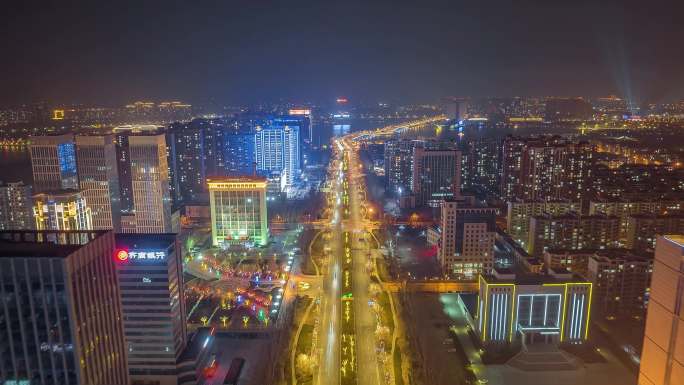 滨州市滨城区航拍城市延时摄影夜景