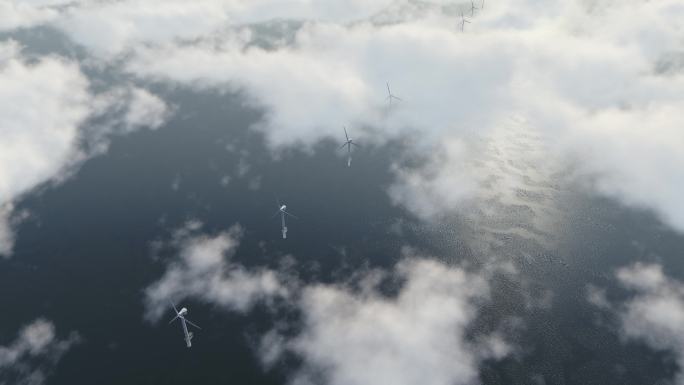 海上风力发电清洁能源穿越云层大海风电风机