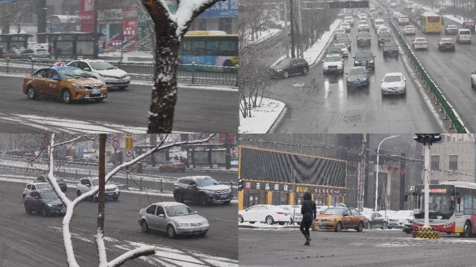大雪路面车辆行驶公交车出租车暴雪出行