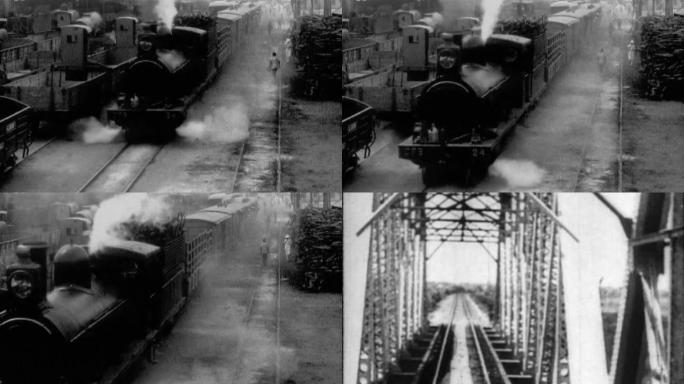清朝末年蒸汽机车火车驶过车站铁桥