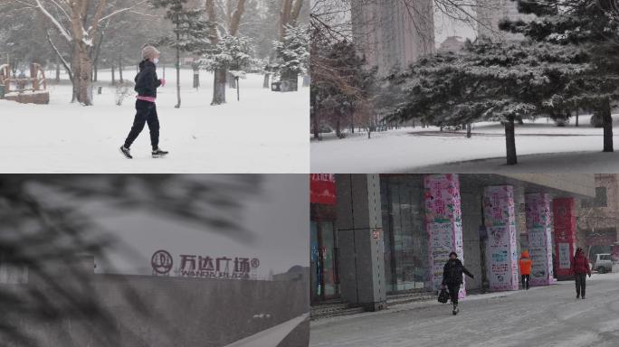 东北空境素材暴雪下雪空境大雪出行公园街景