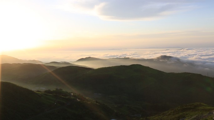 浙江高山东白山茶园日出云海水墨中国风