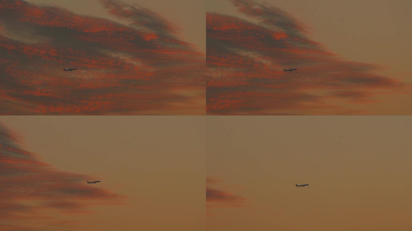 黄昏夕阳火烧云天空唯美飞机空境视频素材