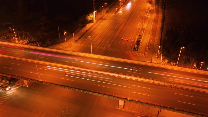 4K航拍省会大都市高架立交夜景、车轨延时