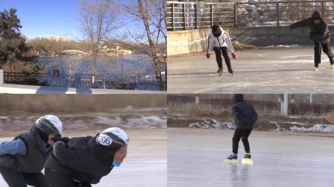 市民在公园滑冰场滑冰运动锻炼