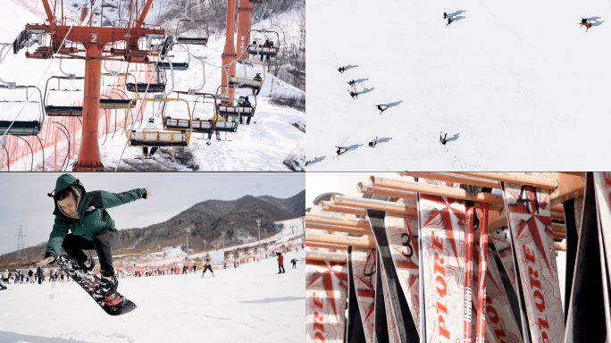滑雪场航拍双板单板滑雪穿装备4K视频素材