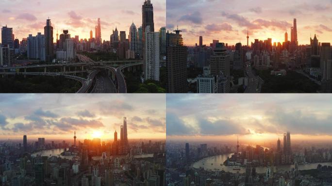 4K原素材-上海早晨红霞满天上海城市全景